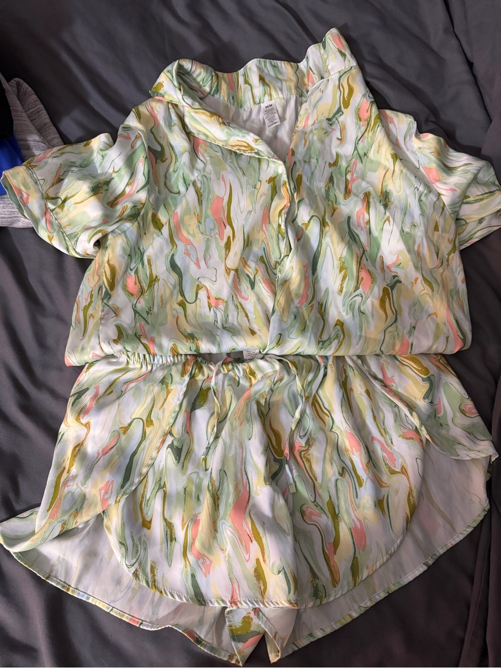 George Marble-Print Short Sleeve Pajama Set in Light Green, Pink, Cream